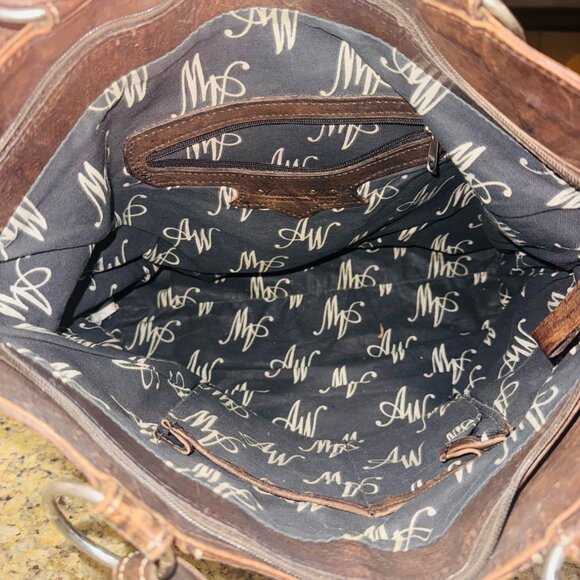 American West Tooled Embossed Brown Leather Bag Concho Accents Fringe Western - Picture 5 of 10